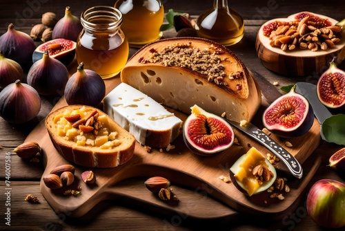 beef with potatoes and vegetables  Indulge in a delightful culinary experience with a slice of bread adorned with figs  cheese  honey  and walnuts  elegantly presented on a rustic wooden cheese board