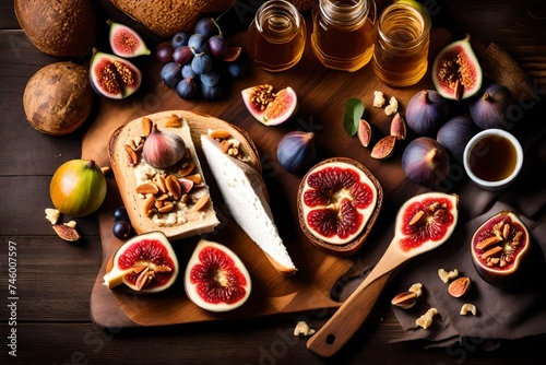 spices and herbs, Indulge in a delightful culinary experience with a slice of bread adorned with figs, cheese, honey, and walnuts, elegantly presented on a rustic wooden cheese board