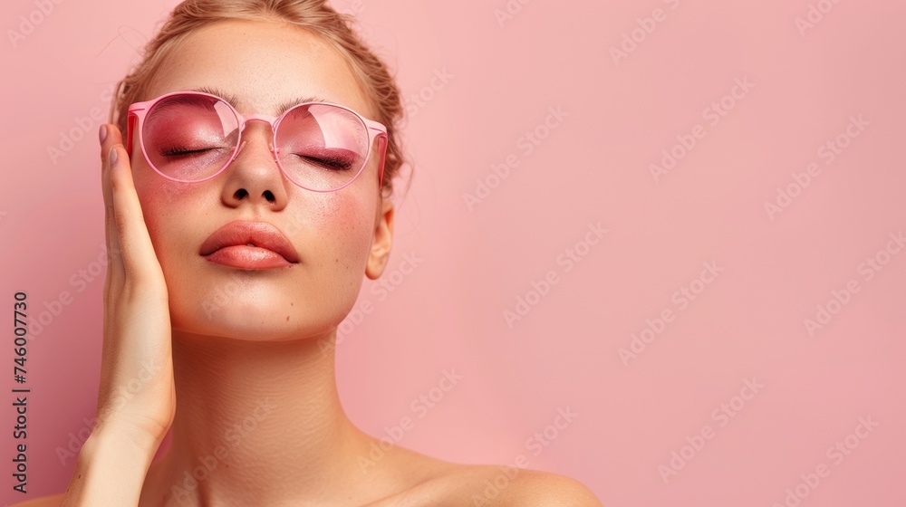 A woman with pink glasses touching her face and eyes, AI