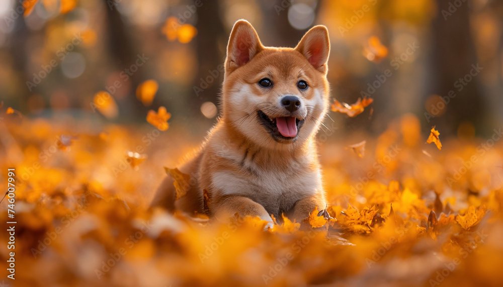 Siba Inu puppy frolicking in the park amidst red autumn leaves, embodying the playful spirit of the season Siba Inu puppy frolicking in the park amidst red autumn leaves, embodying the playful spirit of the season