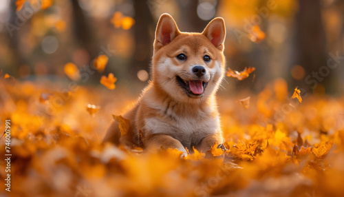 Siba Inu puppy frolicking in the park amidst red autumn leaves, embodying the playful spirit of the season