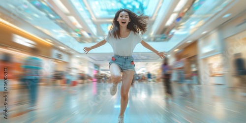 A young Asian American woman exudes youthful energy and confidence as she strikes a dynamic pose against the blurred backdrop of a modern, motion-blurred shopping mall filled with bustling shoppers.