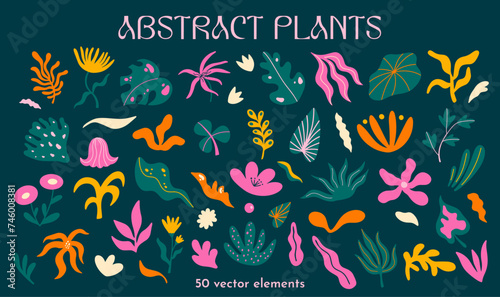 Abstract organic plant shapes and forms vector illustration set. Different types of exotic flowers and leaves decorative elements kit. Large collection of botanical elements in cartoon, funky style