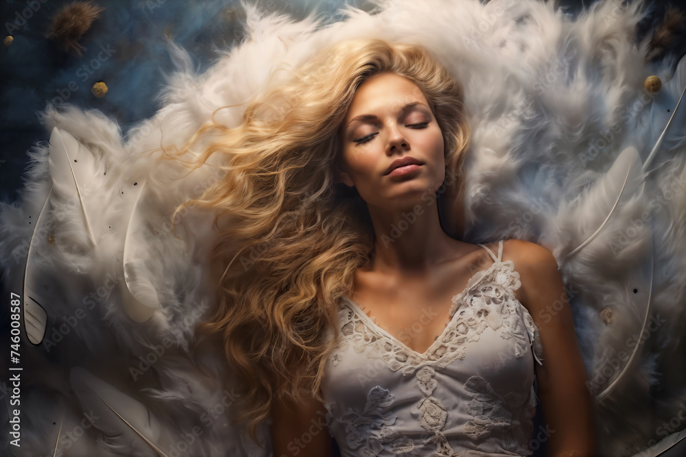 Dreamlike Beauty with Soft Feathers. Generative AI Dreamlike Beauty with Soft Feathers. Generative AI