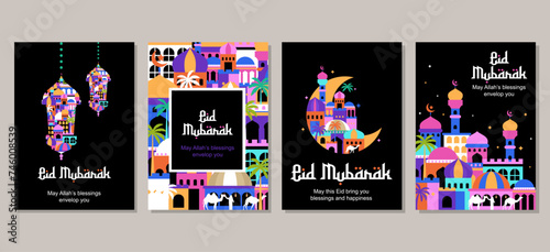 Set of eid mubarak al fitr islamic arabic mosque architecture illustration for a poster banner, cover template. vector illustration photo