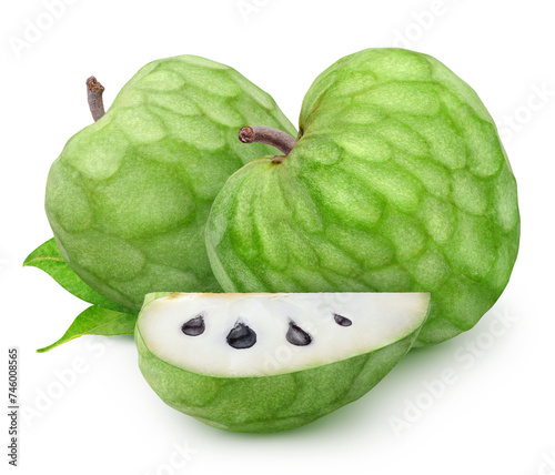 Isolated cherimoya. Two whole and a piece of cherimoya (Custard apple) fruits with leaves isolated on white background