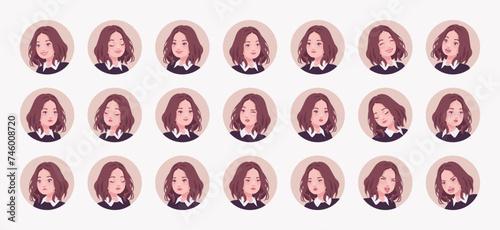 Young woman, pretty girl cute avatar portrait set, businesswoman elegant bundle. Different feelings, emotions face icons, character pic. Vector illustration circles isolated on white background