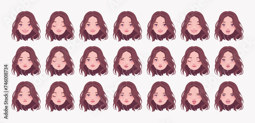 Young woman, pretty girl emotion set, ragged hair portrait businesswoman bundle. Different cute nice face icons, positive, negative pic. Vector illustration circles isolated on white background