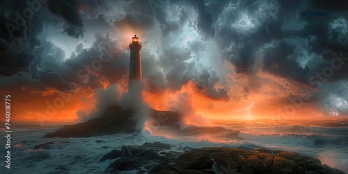 Distant lighthouse, standing tall against the swirling stormy clouds and pouring rain