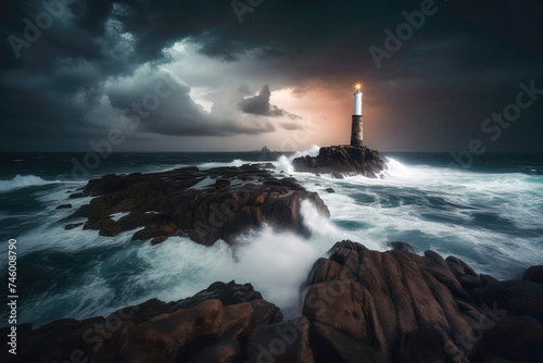 Distant lighthouse, standing tall against the swirling stormy clouds and pouring rain
