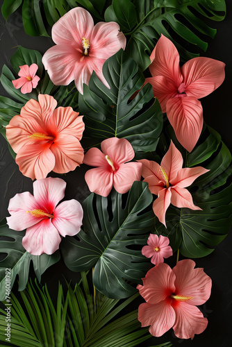 Natural beauty of various tropical flowers and leaves, meticulously arranged on a dark background.