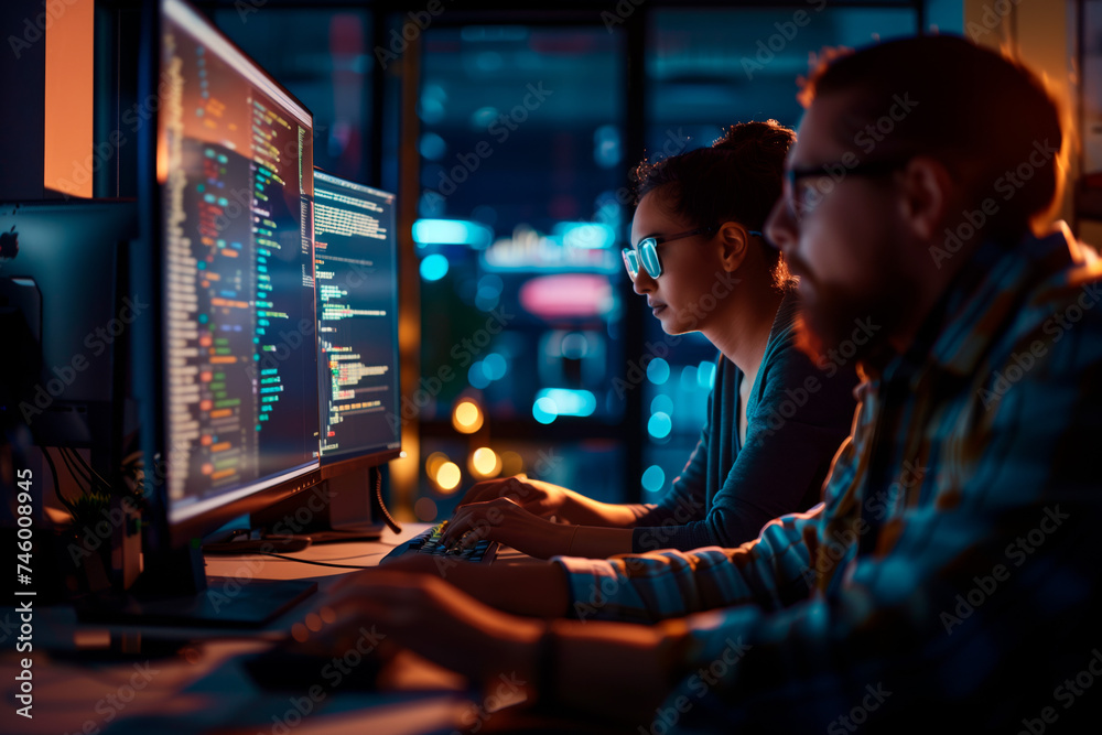 Programmers Working in Tech Office at Night. Coders intensely focused on screens, neon city glow. Programmers Working in Tech Office at Night. Coders intensely focused on screens, neon city glow.