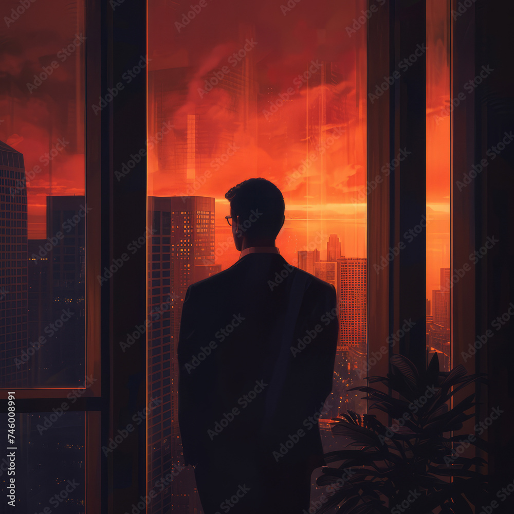 Contemplating the Cityscape at Dusk, silhouette of a business man in a suit looking out of a window 