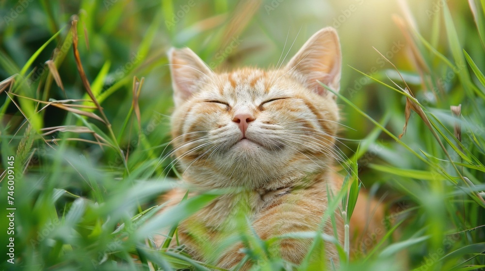 A cat with its eyes closed in the grassy field, AI