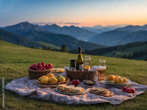 Fresh picnic meal on rustic blanket in mountains