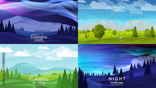 Set of landscape. Flat style design. Night aurora borealis with mountains and hills. Spring or summer landscape. Design for background, poster, banner, wallpaper, touristic card.