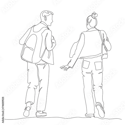 Woman and man with backpack talking. Tourists walking. Rear view. Continuous line drawing. Hand drawn black and white vector in line art style.