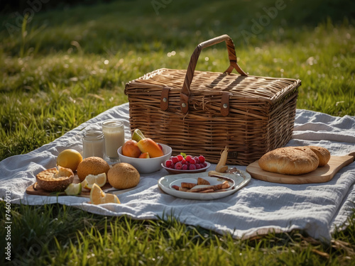 Fresh picnic meal on rustic blanket outdoors
