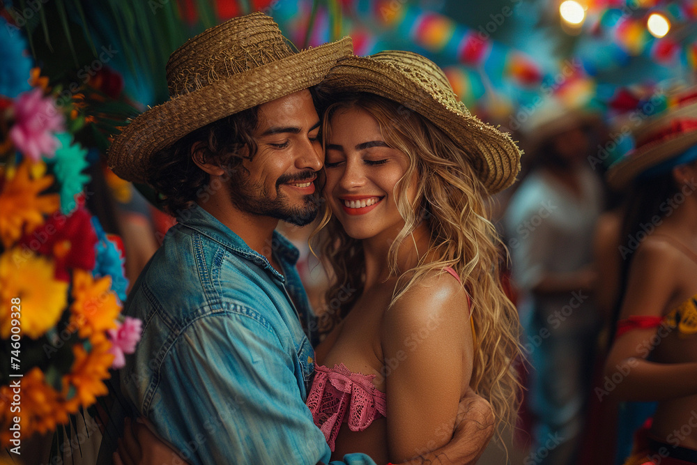 Casal dançando juntos em festa típica brasileira, São João