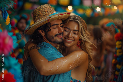 Casal dançando juntos em festa típica brasileira, São João (ID: 746009306)