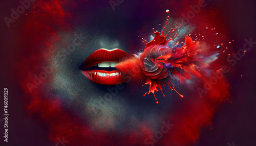 Artistic image of vibrant red lips in the center, with a dynamic explosion of color and abstract patterns, conveying a sense of whispered secrets and allure.AI generated.