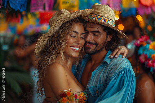 Casal dançando juntos em festa típica brasileira, São João (ID: 746009345)