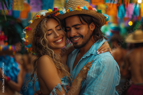 Casal dançando juntos em festa típica brasileira, São João (ID: 746009366)
