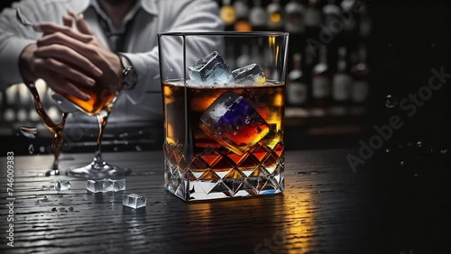 A crystal glass of whiskey with ice on a reflective surface, with a dark background enhancing the drink's golden hues.