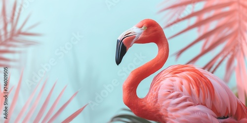 Flamingo close-up on a pastel background with palm branches.  © Honey Bear