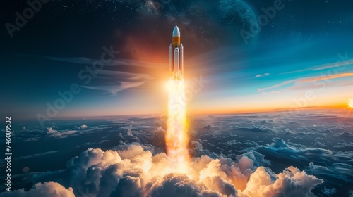 A rocket is flying through the clouds with a bright light, AI
