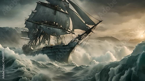 old wooden ship in the ocean storm