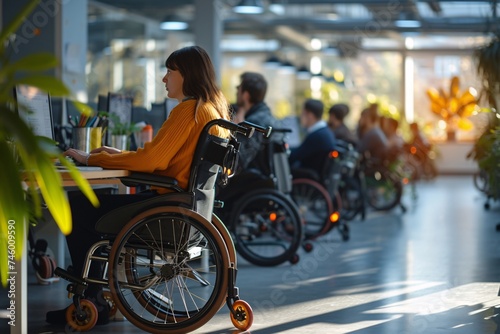 Inclusive office scene showcasing a woman working in a wheelchair amid coworkers