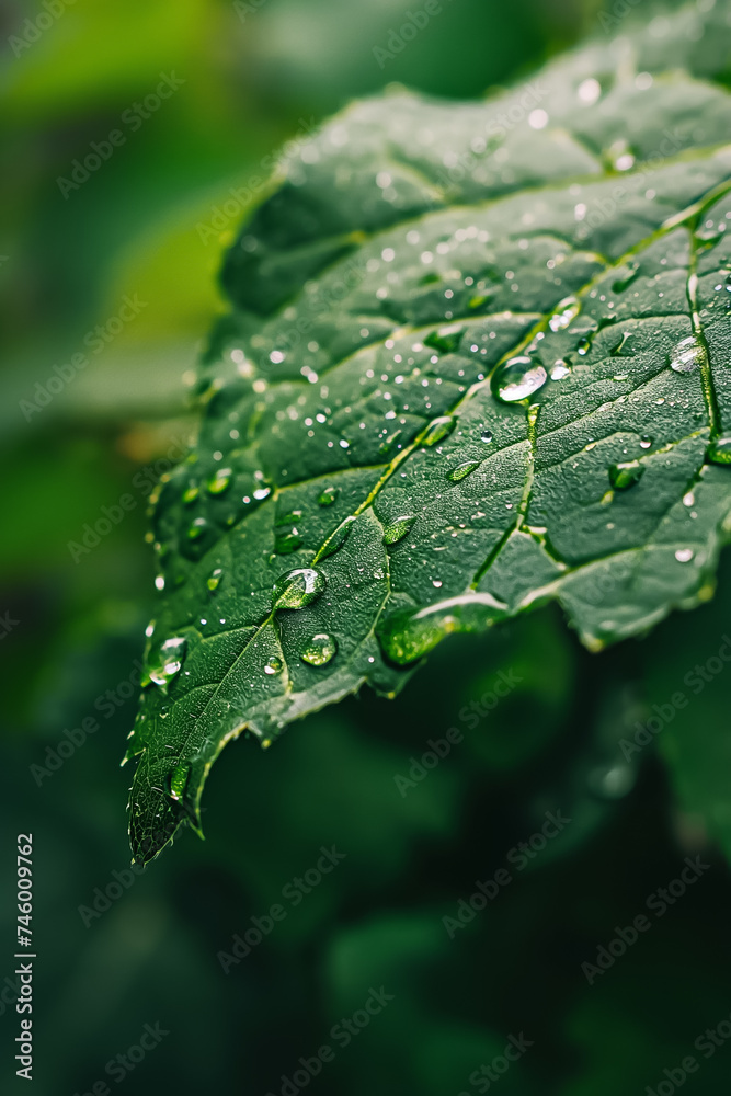 A close-up of a green leaf covered in dew drops, glistening with moisture from the rain A close-up of a green leaf covered in dew drops, glistening with moisture from the rain