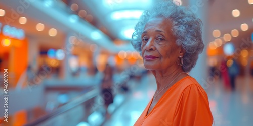A senior African American woman exudes timeless grace and confidence as she strikes a dynamic pose against the blurred backdrop of a modern, motion-blurred shopping mall filled with bustling shoppers.