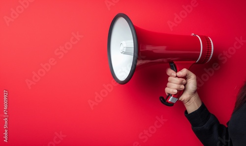 Megaphone/loudspeaker in hand on a plain red background.