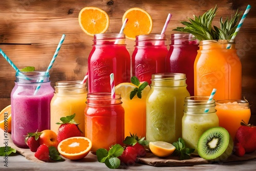 cocktail with fruits, Quench your thirst and beat the summer heat with vibrant glass jars filled to the brim with refreshing and healthy slush or smoothie iced fruit juice