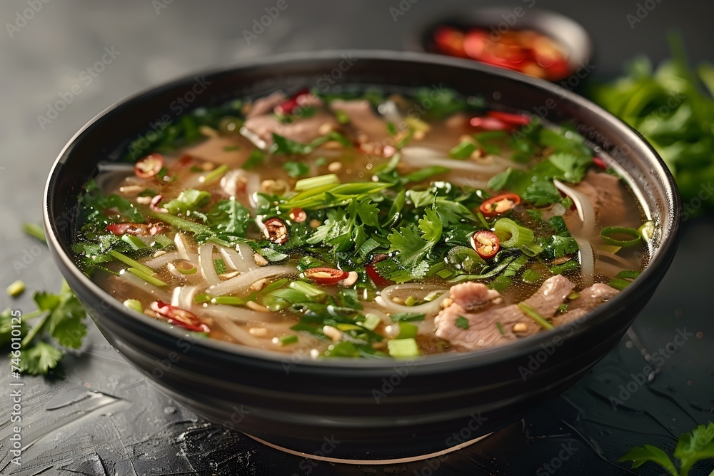 Vietnamese Cuisine: Top View of Pho on a Black Background. Concept Vietnamese Cuisine, Top View, Pho, Black Background