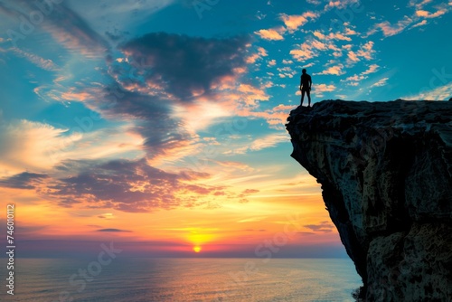 Silhouette of person on cliff at sunset - A solitary figure stands on a cliff over an ocean as the sun sets, evoking introspection and adventure