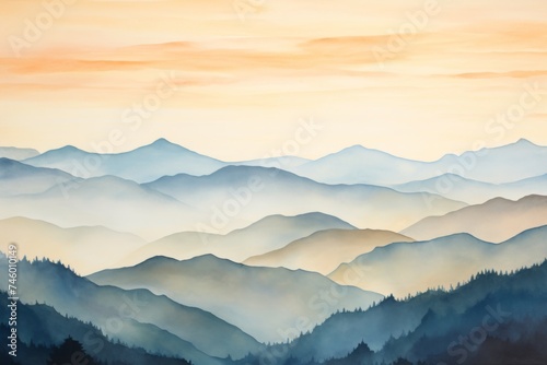 Soft watercolor hills in misty layers - A delicate watercolor landscape showing misty  layered hills  capturing the serene beauty of a calm and soft morning