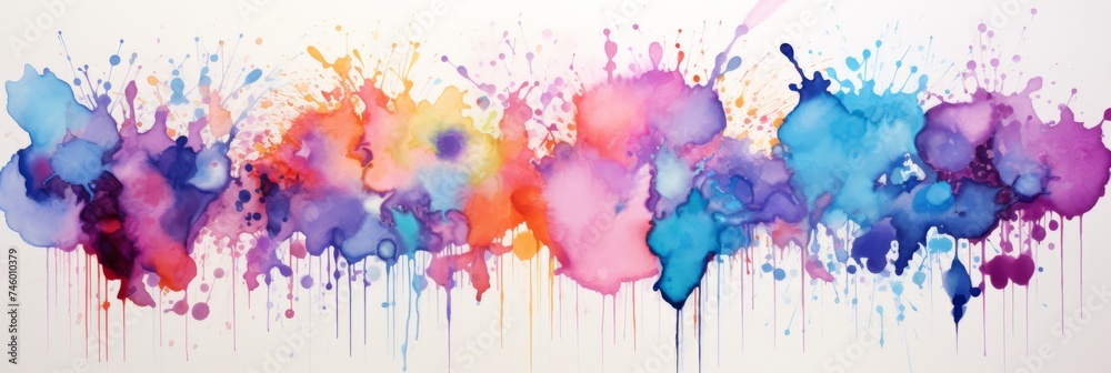 Vibrant watercolor splashes on a white canvas - A wide, panoramic abstract painting featuring a splash of vibrant watercolors blending into each other on a white background