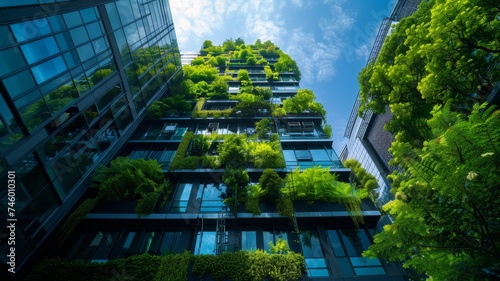 Verdant vertical garden on urban building - Lush greenery growing on the facade of a modern structure, symbolizing eco-friendly architecture