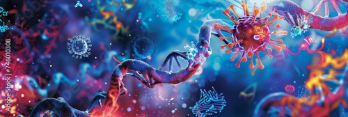 Vibrant DNA strands and viruses illustration - Brightly colored illustration depicting DNA strands amidst a sea of viruses, symbolizing the intersection of biology and medicine