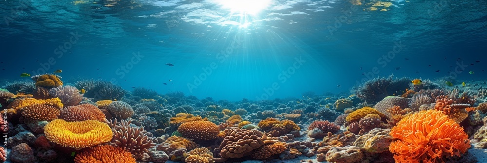 Naklejka premium In the vibrant underwater world, coral reefs host a colorful array of marine life amidst clear blue waters.