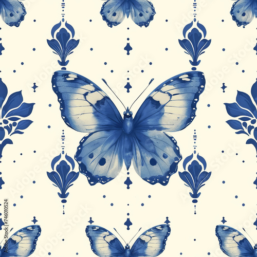 blue Butterfly seamless tile pattern background, ai generated © Dominique
