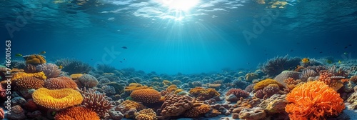 In the vibrant underwater world  coral reefs host a colorful array of marine life amidst clear blue waters.