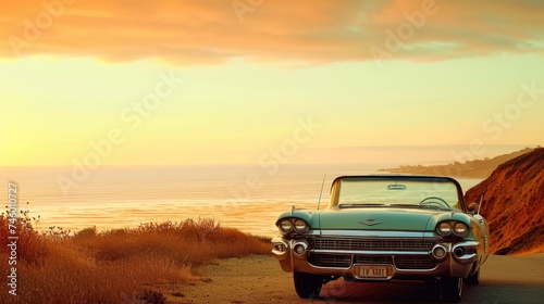 A vintage car parked on a winding coastal road overlooking the ocean, with a stunning sunset in the background creating a nostalgic scene. Resplendent. © Summit Art Creations