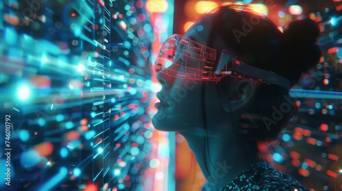 Exploring the Digital Realm, Caucasian Woman Immersed in 3D Cyberspace with Animated Social Media Interfaces and Online Entertainment
