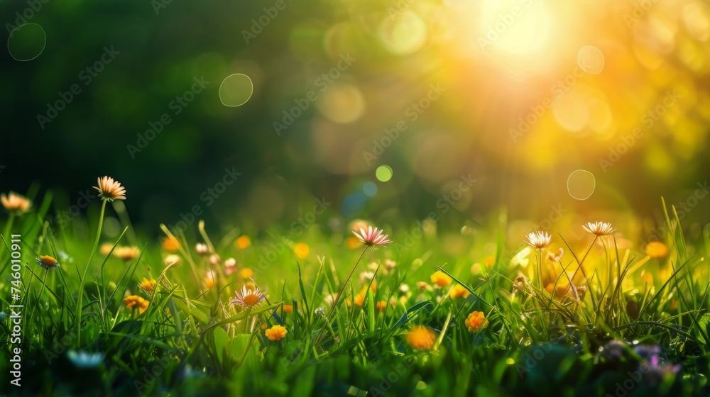 Sunlit Meadow With Grass and Flowers