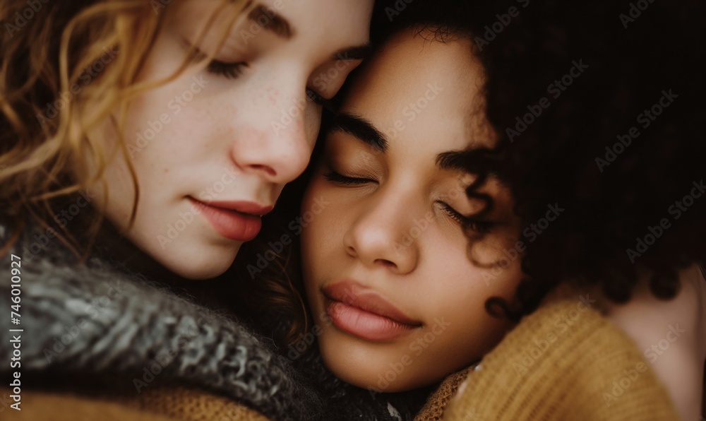 Young women hugging. Face close-up.