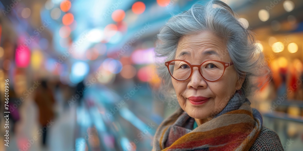 A senior Asian American woman exudes timeless elegance and confidence as she strikes a dynamic pose against the blurred backdrop of a modern, motion-blurred shopping mall filled with bustling shoppers